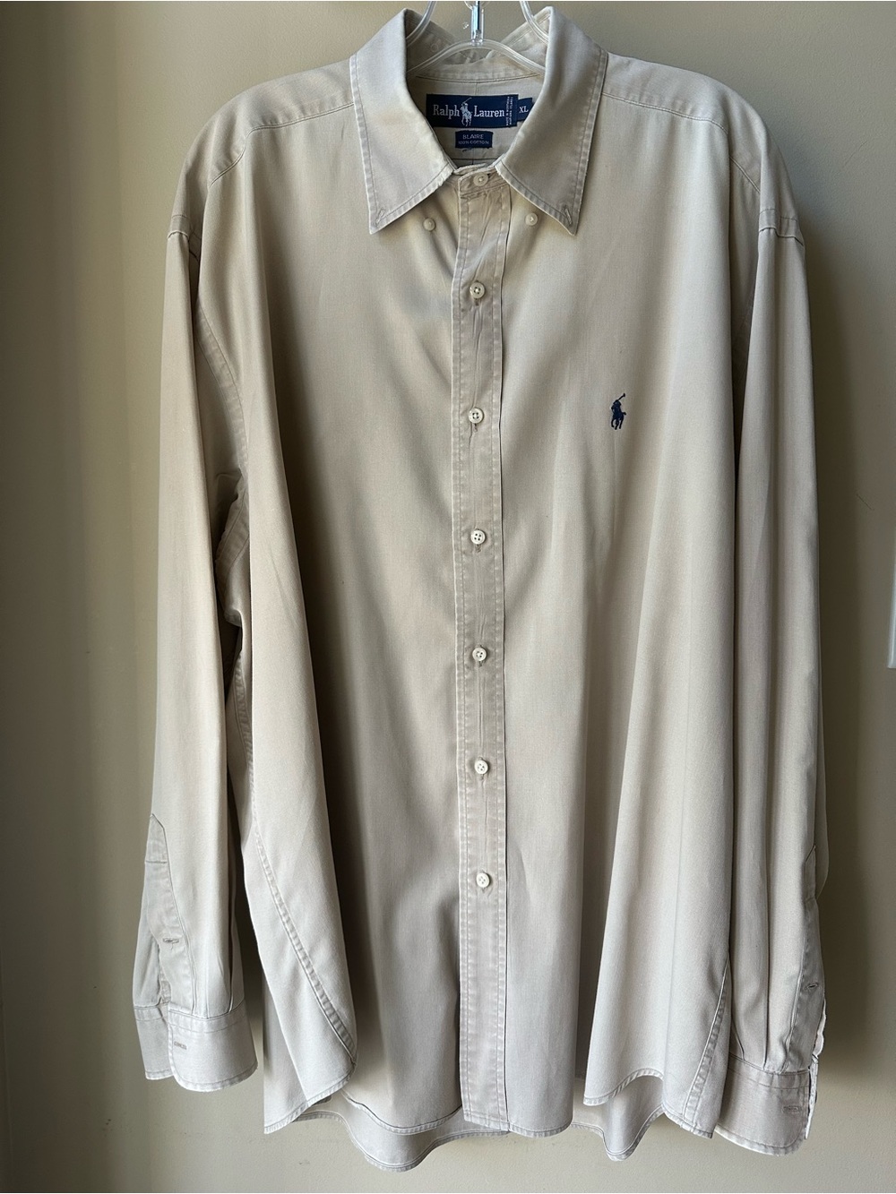 Ralph Lauren Men's Cream Button-Down Dress Shirt with Navy Pony